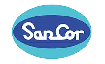 לוגו SanCor הכולל טקסט לבן על רקע אליפטי בצבע כחול כהה, המוקף במסגרת בצבע תכלת.