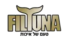 לוגו עם המילה "FILTUNA" בצבע זהב, כאשר האות "T" מעוצבת כזנב של טונה. מתחת לשם המותג מופיע טקסט בעברית.