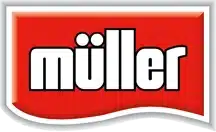 לוגו של Müller עם טקסט לבן על רקע אדום וקו תחתון גלי.