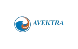 משמאל למילה "AVEKTRA", הכתובה באותיות גדולות כחולות על רקע לבן, מופיע לוגו מופשט בצורת גל בצבעים כחול וכתום.