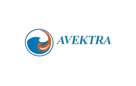 משמאל למילה "AVEKTRA", הכתובה באותיות גדולות כחולות על רקע לבן, מופיע לוגו מופשט בצורת גל בצבעים כחול וכתום.