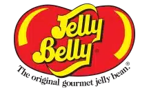 הלוגו של Jelly Belly עם טקסט צהוב על גבי צורת סוכריית ג'לי אדומה והסלוגן: "סוכריית הג'לי הגורמה המקורית".