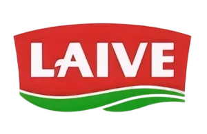 הלוגו של LAIVE כולל אותיות לבנות בולטות על רקע אדום, ומתחתיהן שתי קווים ירוקים ומעוקלים.