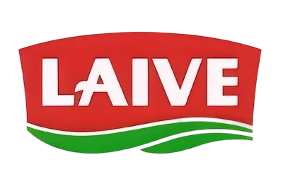 הלוגו של LAIVE כולל אותיות לבנות בולטות על רקע אדום, ומתחתיהן שתי קווים ירוקים ומעוקלים.