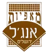 לוגו עם טקסט בעברית בצבעים חום ולבן, הכולל דפוס רשת בחלקו העליון וכרזה גיאומטרית בחלקו התחתון.