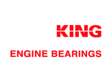 הלוגו של King Engine Bearings, ובו הכיתוב "KING" באדום בולט מעל הכיתוב "ENGINE BEARINGS" על רקע לבן עם עיצוב מופשט עדין.