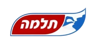 לוגו "טלמה" בצבעים אדום וכחול עם טקסט בעברית, ובו צללית לבנה של אדם האוכל מכפית בצד ימין.