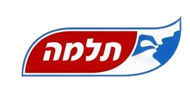 לוגו "טלמה" בצבעים אדום וכחול עם טקסט בעברית, ובו צללית לבנה של אדם האוכל מכפית בצד ימין.