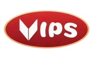 הלוגו של VIPS כולל טקסט לבן ומעוצב על רקע אליפטי אדום עם קווי מתאר בצבע בז'.