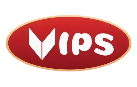 הלוגו של VIPS כולל טקסט לבן ומעוצב על רקע אליפטי אדום עם קווי מתאר בצבע בז'.